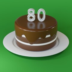 Chocolate cake on a plate with number 80