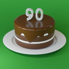 Chocolate cake on a plate with number 90