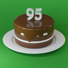 Chocolate cake on a plate with number 95