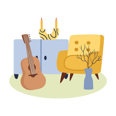 Modern room interior. Armchair, guitar, bedside table.Vector illustration in cartoon style.