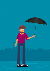 Young man with umbrella. Vector background