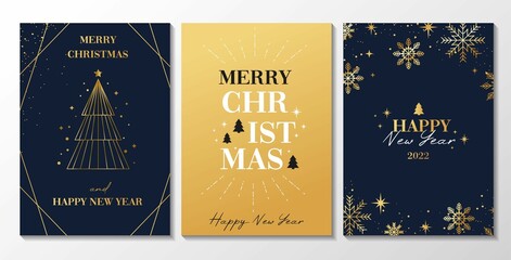Merry Christmas elegant greeting card set. Navy and gold New Year backgrounds for social media with linear snowflakes, gifts, Christmas tree. Trendy luxury Xmas design vector illustration.
