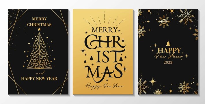 Merry Christmas typography greeting card set. Luxury New Year backgrounds for social media,banner, invitation with linear snowflakes, lettering, Christmas tree. Trendy Xmas design vector illustration.