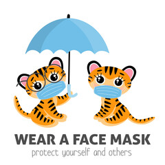 Vector banner with warning to wear a mask. Cute cartoon tiger cub, symbol of new year 2022, in medical mask.  Isolated on white background. 