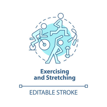 Exercising And Stretching Blue Concept Icon. Work Out For Physical Rehabilitation. Physiotherapy Abstract Idea Thin Line Illustration. Vector Isolated Outline Color Drawing. Editable Stroke