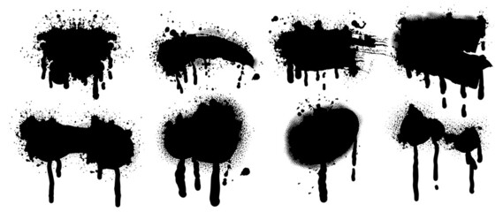 Set of black brush, spray paint, ink brush strokes, brushes. Dirty artistic design elements. Vector illustration. Isolated on white background. - obrazy, fototapety, plakaty
