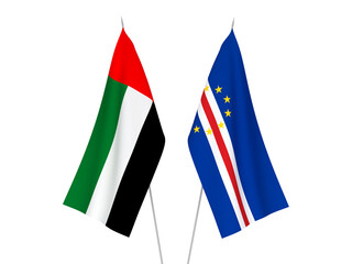 National fabric flags of United Arab Emirates and Republic of Cabo Verde isolated on white background. 3d rendering illustration.