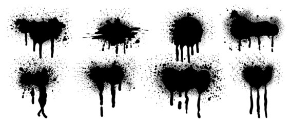Set of black brush, spray paint, ink brush strokes, brushes. Dirty artistic design elements. Vector illustration. Isolated on white background.