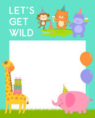 Cute safari cartoon animals with copy space for kids party invitation card template.
