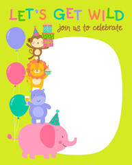 Cute safari cartoon animals border with copy space for kids party invitation card template.