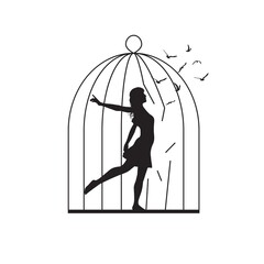 Woman and birds steps out of the cage. Mental Health Awareness. Psychology illustration.