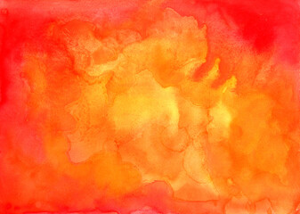 Red and yellow watercolor background. Aquarelle texture canvas element for design.Hand drawn illustration. Orange background