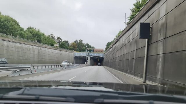 KIEL, GERMANY - Oct 01, 2021: The View from a Ford Mustang Model 2018 while driving on the German freeway A7 from Kiel to Flensburg