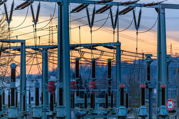 Distribution electric substation with power lines and transformers in Germany