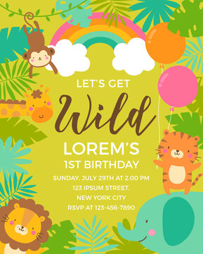 Cute jungle animals and tropical leaves for kids party invitation card template.