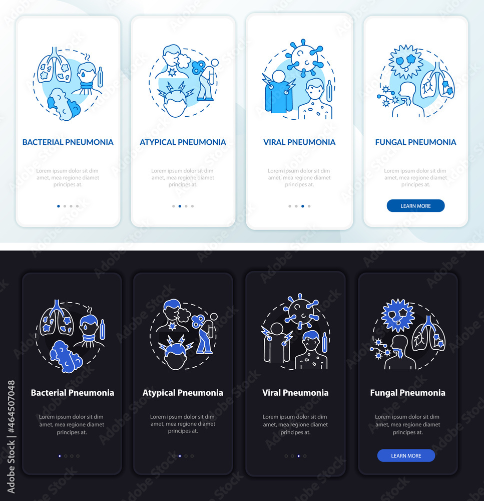 Poster pneumonia categorization onboarding mobile app page screen. fungal type walkthrough 4 steps graphic 