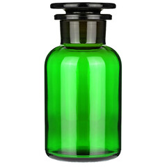Vintage chemical glass bottles on white background. Old fashioned drug closed bottle.