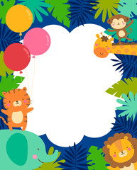 Obraz na płótnie Canvas Cute jungle animals and tropical leaves border for kids party invitation card template.