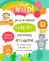 Fototapeta premium Cute safari cartoon animals border with cloud shaped copy space for kids party invitation card template.