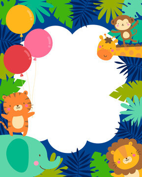 Cute jungle animals and tropical leaves border for kids party invitation card template.