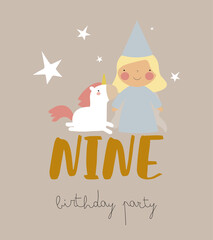 Happy Birthday card with cute little princess, magic unicorn and number nine. Vector illustration. Illustration for children's parties, postcards, posters, banners and printing.