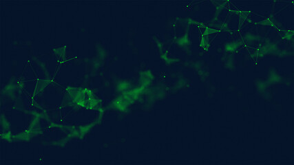Digital abstract green background of lines connecting dots and triangular polygons. 3d illustration
