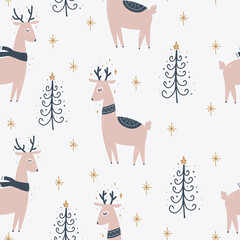 Christmas and New Year symbols tree and deer scandinavian hand drawn seamless pattern. Vector cute print. Digital paper. Design element.