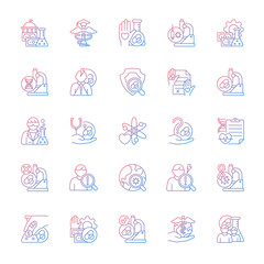 Clinical trials gradient linear vector icons set. Experimental medicine research. Clinical scientist. New drugs testing. Thin line contour symbols bundle. Isolated outline illustrations collection