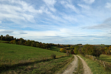 Fototapeta na wymiar Autumn landscape with green meadows and fields