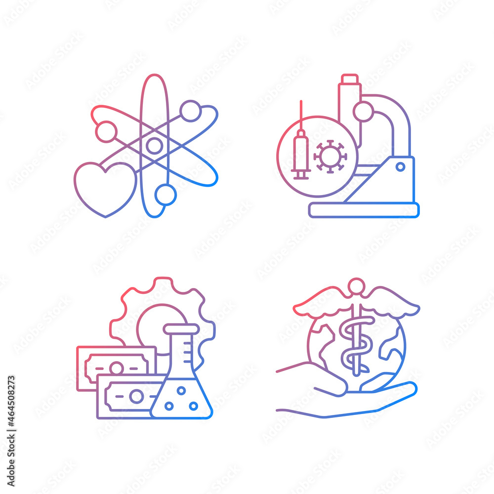 Poster medicine development gradient linear vector icons set. interest in science. test vaccines. future pe