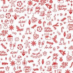 Hand drawn Christmas elements seamless pattern. Vector illustration