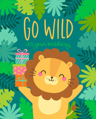 Cute lion cartoon illustration with gift boxes for birthday greeting card design.
