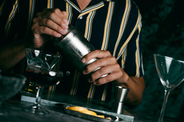 Fototapeta na wymiar he prepares a cocktail in a metal shaker