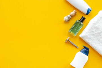 Cosmetic care products for men. Flat lay, top view