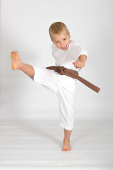 Little kid boy in karate kimono isolated on white background. The concept of martial arts, karate, judo,  sports since childhood, discipline. Defence concept with copy space.