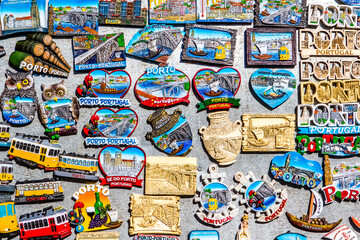 Mosaic of colorful magnets of the city of Porto for sale, Portugal, Europe