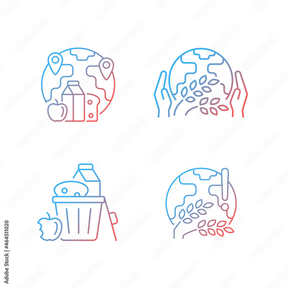 Poster World hunger issues gradient linear vector icons set. International allocation. Starvation relief organizations. Thin line contour symbols bundle. Isolated outline illustrations collection