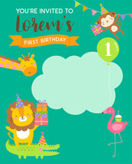 Cute safari cartoon animals with copy space for kids party invitation card template.