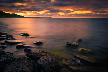 Sunrise over the beach on the Baltic Sea in Babie Doly, Gdynia, Poland