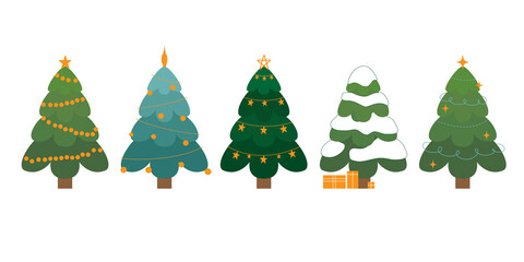 Collection of decorated Christmas trees, pines for greeting card, invitation, banner, web. New Years and xmas traditional symbol tree with garlands, light bulb, star. Winter holiday.