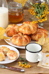 Pumpkin buns with milk and honey on wooden background