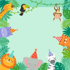 Fotobehang Frame border of cute jungle animals cartoon and tropical leaves for kids party invitation card template. © NTRdesign