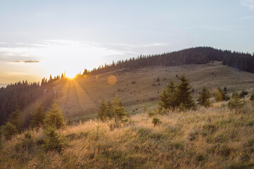 wide panorama of sunset high in the mountains. tourist sports hike in the mountains.