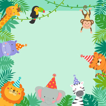 Frame border of cute jungle animals cartoon and tropical leaves for kids party invitation card template.