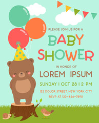 Cute teddy bear cartoon illustration for kids birthday party invitation card template.