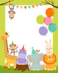 Fototapeta premium Cute wildlife cartoon animals border design for party invitation card template.