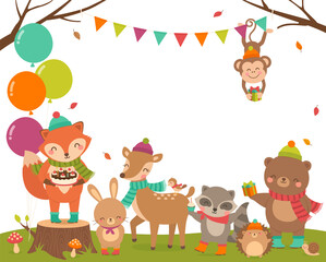 Naklejka premium Cute woodland animals cartoon with copy space for greeting or invitation card design template. Autumn scene illustration.