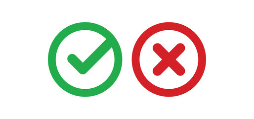 Cross and check mark icons, vector buttons. Checkmark tick and x.