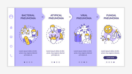 Respiratory inflammation types onboarding vector template. Responsive mobile website with icons. Web page walkthrough 4 step screens. Viral and fungal pneumonia color concept with linear illustrations