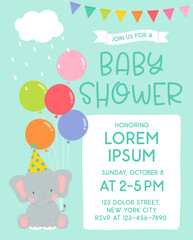 Cute elephant with balloons cartoon illustration for baby shower invitation card template.
